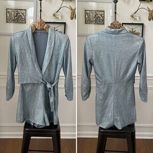 Boutique Brand Ice Blue Metallic Long Sleeve Wrap Front Romper S